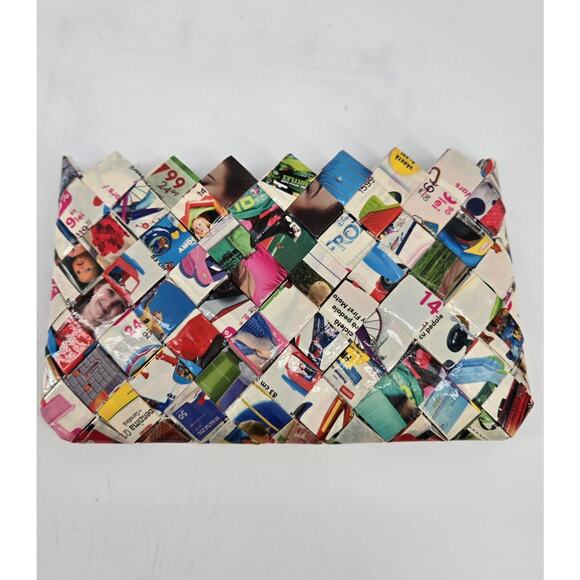 Y2K Handmade Recycled Woven Magazine Clutch Zippered Makeup Bag - Picture 9 of 9